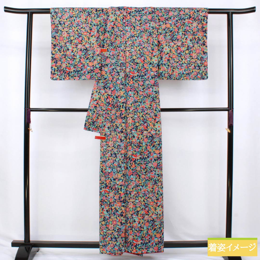 小紋 正絹 Sランク 身丈159cm 裄丈63cm 袷 紺色（こんいろ） 紬地 更紗 しつけ糸付き 紺系 1115007542318