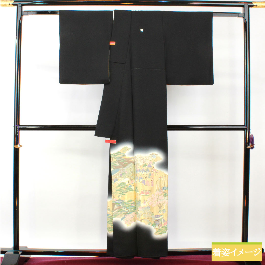 黒留袖 正絹 身丈156.5cm 裄丈63cm 袷  寿光織 時代人物風景模様 新はじく加工 五つ紋 違い鷹の羽 Sランク 黒系 1111001332310