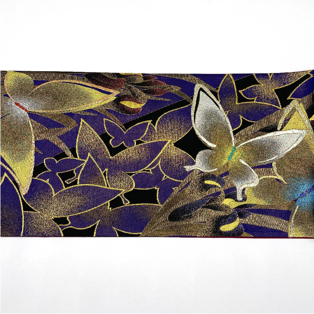 Edo Murasaki Iro (Edo Murasaki Color) Fukuro Obi (Butterfly, Flower, Gold Embroidery) Length 430cm Pure Silk S Rank Six-way Formal Purple 1123007142320