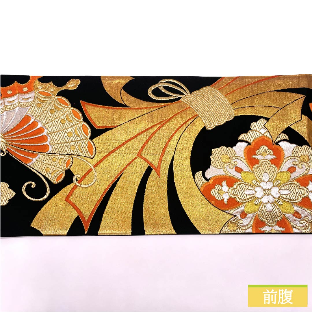 Formal, pure silk obi for furisode (long-sleeved kimono), featuring a tsumuage noshi (strap) and a Hosohana (flower) and butterfly design, length 414cm, S rank, six-fold, black, 1123014552310