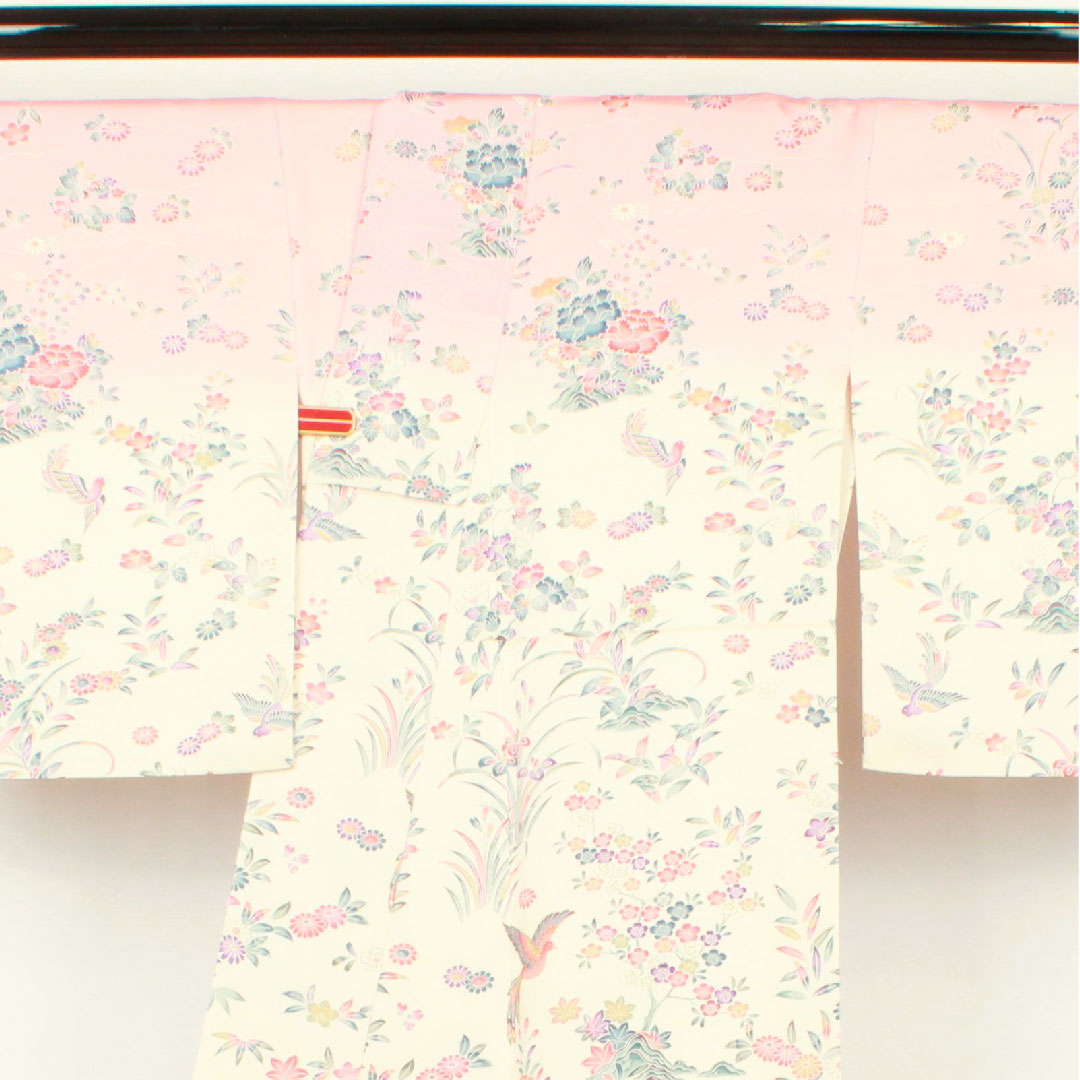 Homongi, lined, length 162.5cm, sleeve length 65cm, single layer plum color, Kyoto Yuzen, floral pattern, pure silk, S rank, pink, 1112001922413