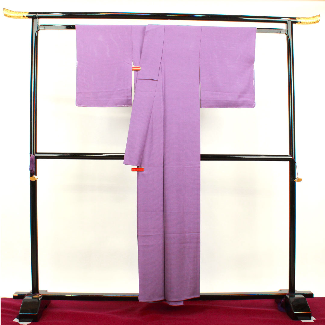 Summer item, pure silk, plain color, length 156.5cm, sleeve length 62cm, aoi-iro (blue color), plain color, left three-leaf kimono pattern, with basting thread, silk, S rank, purple, 1132001712320