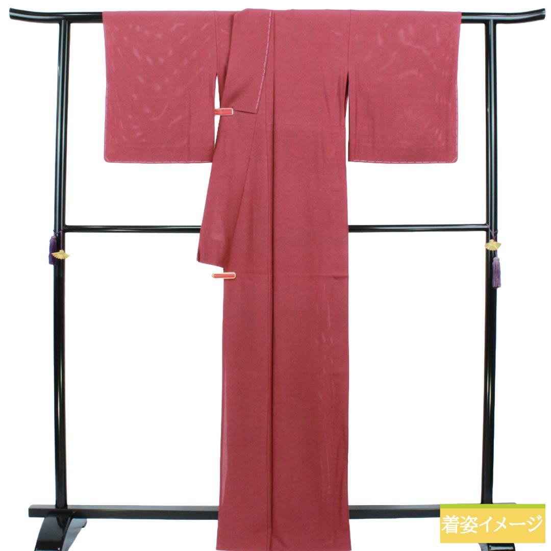 夏物 正絹 色無地 Sランク 身丈165cm 裄丈67cm 臙脂色（えんじいろ） 丸木瓜 一つ紋 絽 赤系 1132003732512