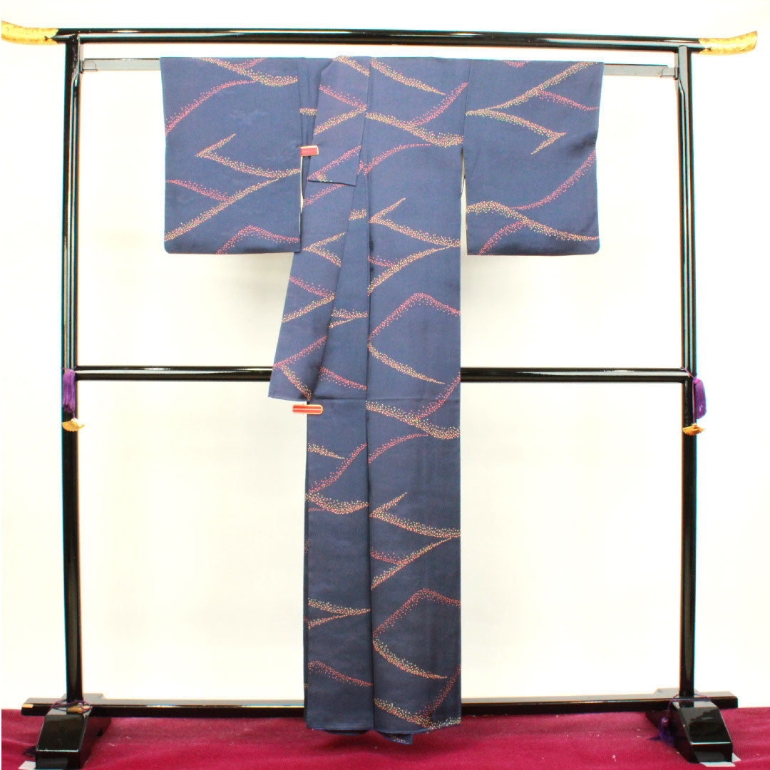 Komon, Length 158cm, Sleeve length 63.5cm, Lined, Blue-brown, Abstract pattern, Pure silk, A rank, Navy blue, 1115003493318