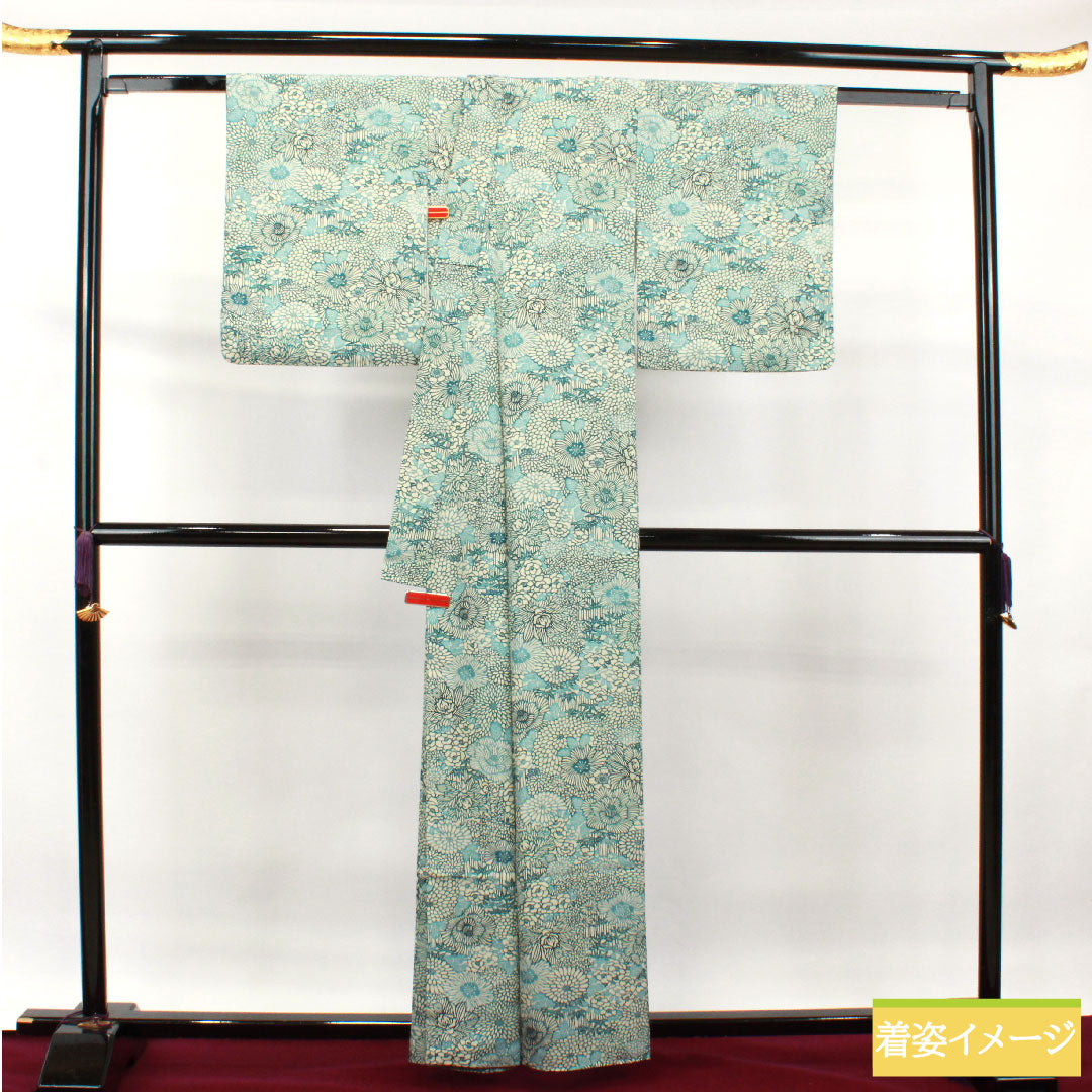 小紋 ポリエステル 身丈160.5cm 裄丈63.5cm 袷  卯の花色 型染 菊 竹 洗える着物  Sランク 白系 1115003752411