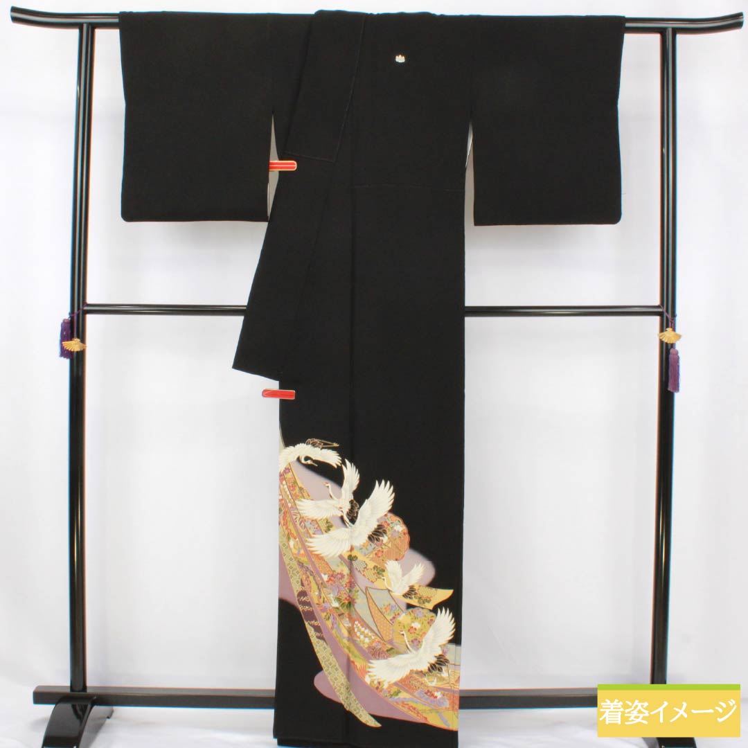 黒留袖 正絹 Sランク 身丈163cm 裄丈66.5cm 袷 京友禅 五つ紋 五三桐 鶴 熨斗 松 梅 五つ紋 黒系 1111002102410