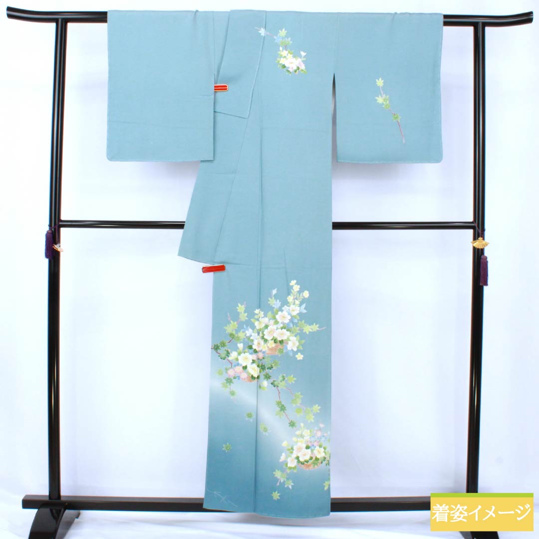 訪問着 正絹 Sランク 袷 身丈155.5cm 裄丈63cm 砧青磁色（きぬたせいじいろ） 加賀友禅 南克治 付下げ 花籠 しつけ糸付き 水色系 1112007312324