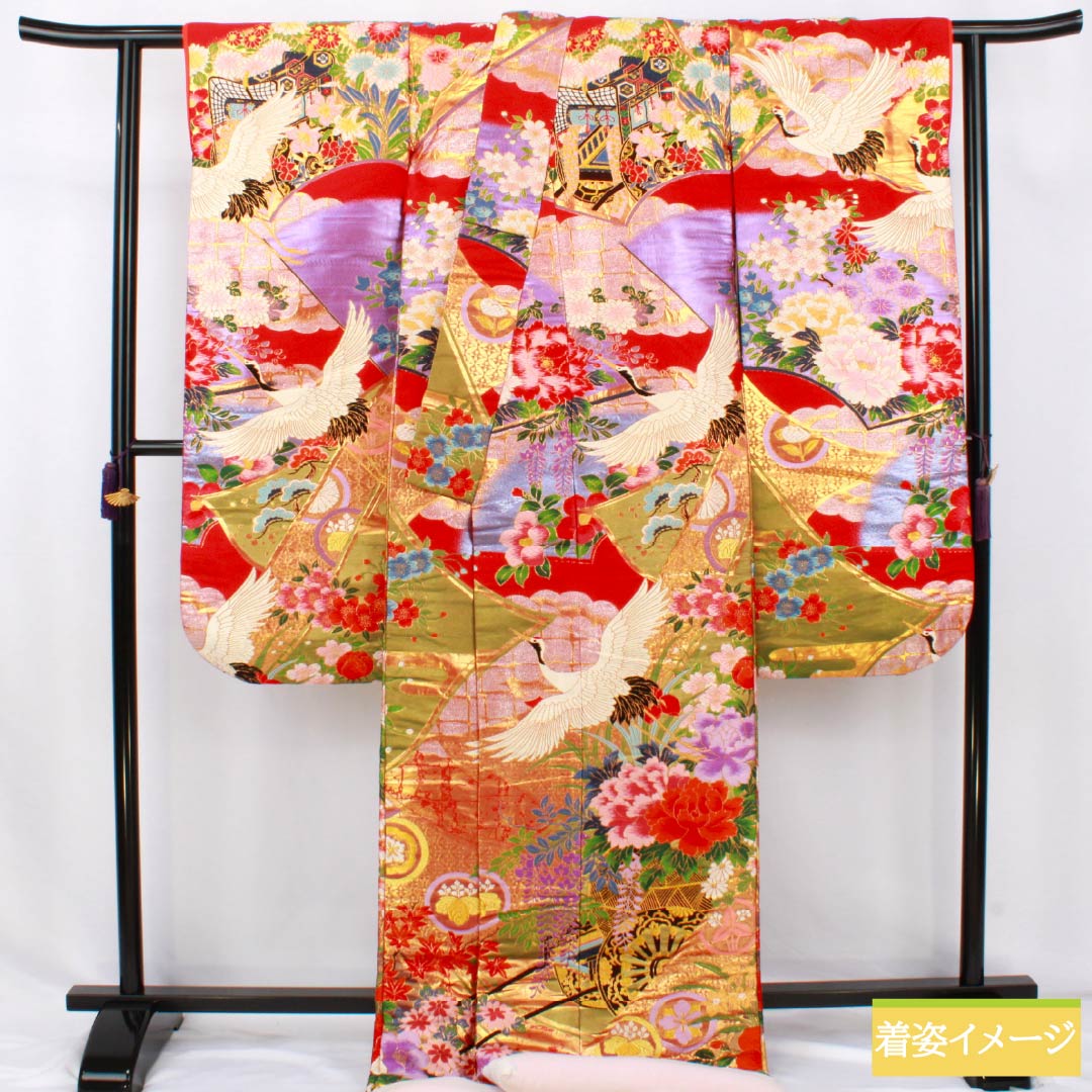 色打掛 正絹 Sランク 身丈191cm 裄丈64cm 赤色（あかいろ） 唐織 吉祥文様 鶴 花車 袷 赤系 1110001062912