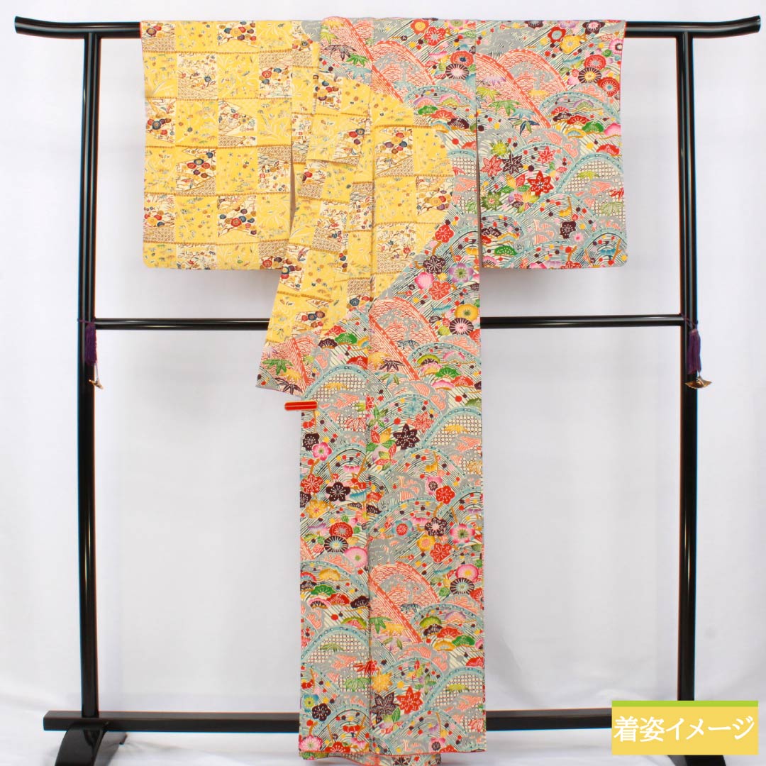 訪問着 正絹 Sランク 袷 身丈160cm 裄丈63cm 濃卵色（こいたまごいろ） 型染 吉祥文様 グラデーション系 1112006162499