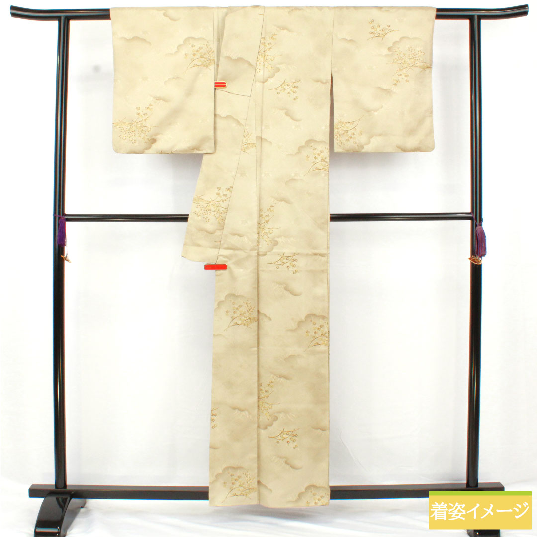 Small pattern, polyester, length 158cm, sleeve length 64cm, lined, wax color, washable kimono, floral pattern, S rank, green, 1115004772319