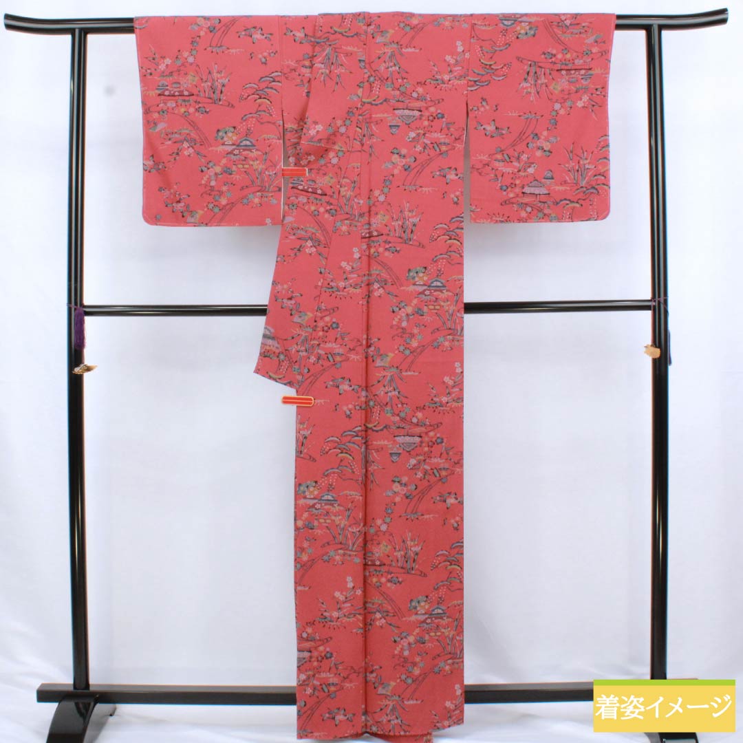 小紋 正絹 Aランク 身丈162cm 裄丈64cm 袷 祭紅色（さいこういろ） 茶屋辻 松竹梅 型染 赤系 1115006883412