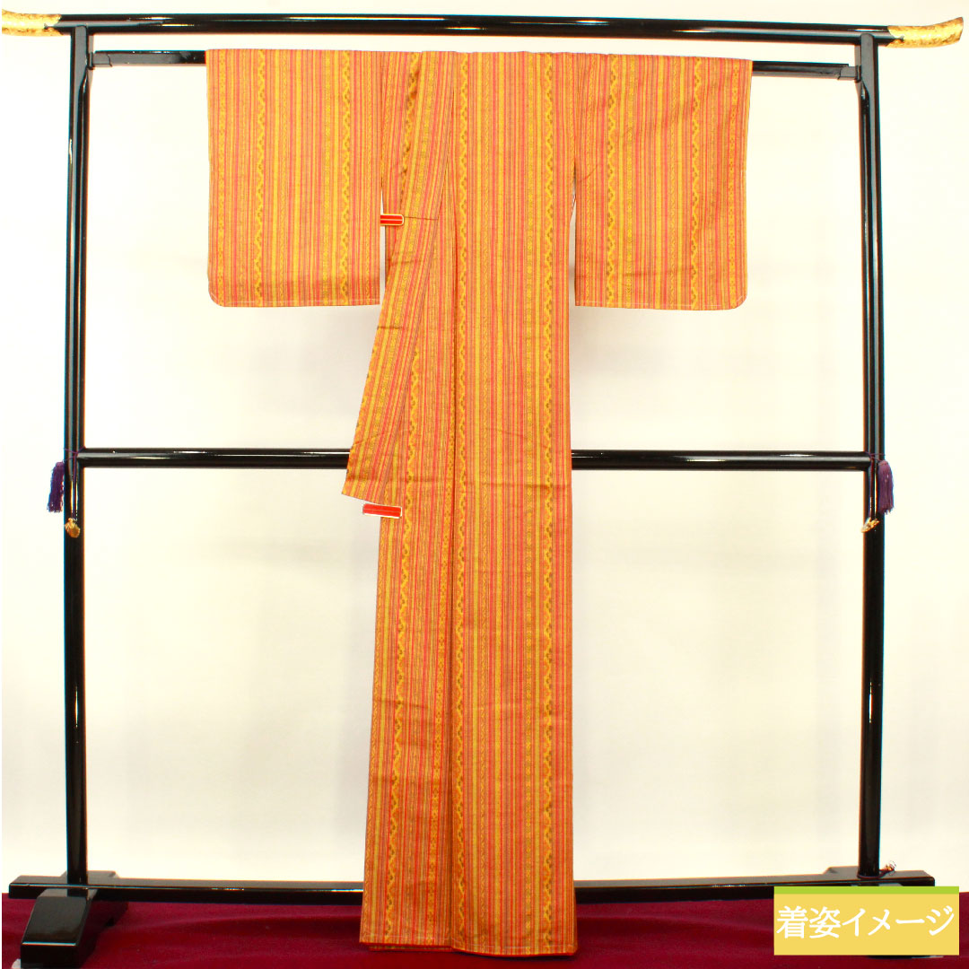 紬 正絹 身丈166cm 裄丈64cm 縞 しつけ糸付き 未使用品 Sランク 袷 黄系 1116003432523