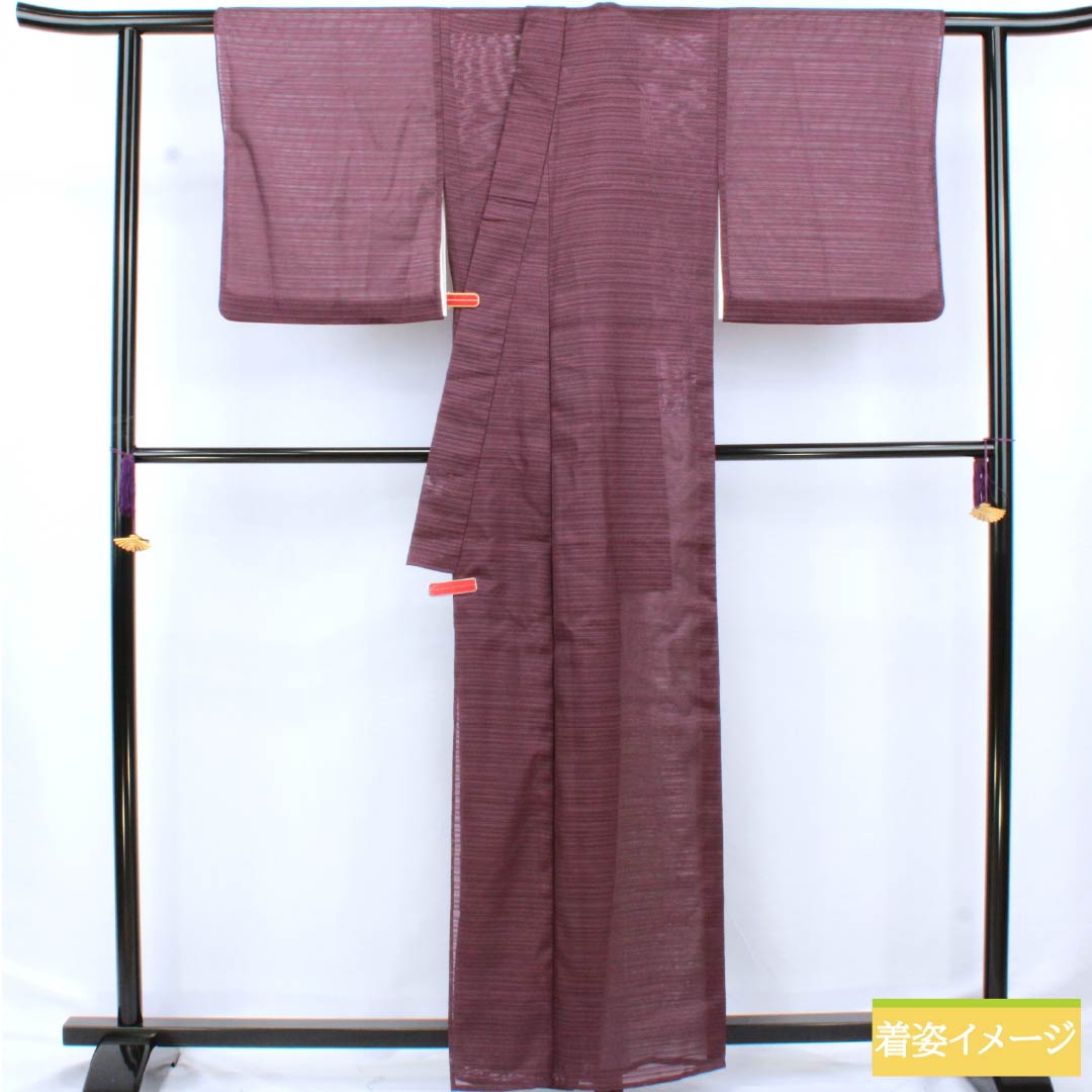 夏物 ポリエステル 色無地 身丈160.5cm 裄丈67cm 二人静色（ふたりしずかいろ） 洗える着物 居敷当て うそつき襦袢 絽 Sランク 紫系 1132002532420