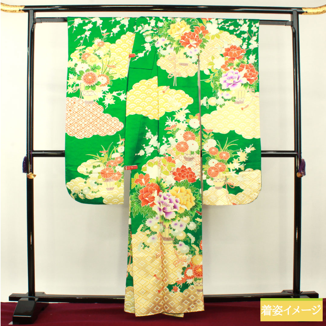 振袖 正絹 身丈161.5cm 裄丈65cm 袷  濡葉色 京友禅 吉祥文様  Aランク 緑系 1113001973419