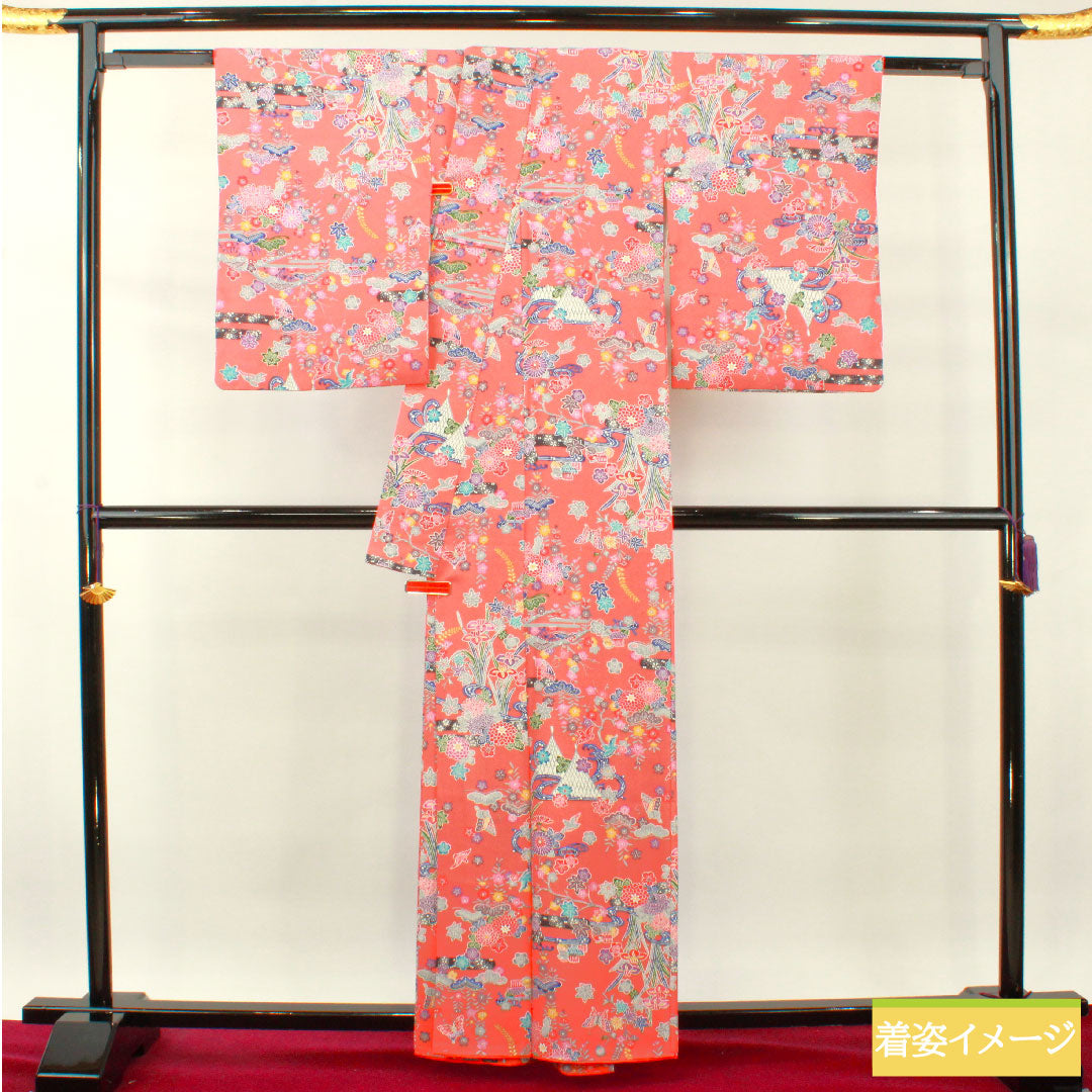 Komon, pure silk, length 161.5cm, sleeve length 64.5cm, lined, medium crimson, Kyoto Bingata, auspicious motif, S rank, pink, 1115004022413