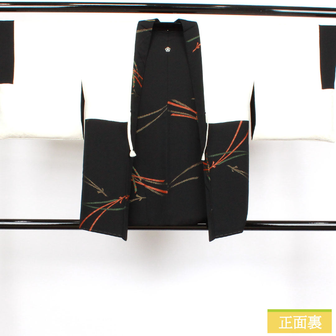 Haori, pure silk, length 78cm, sleeve length 63.5cm, black haori, pine needles, one crest, bellflower and three scales, S rank, lined, black, 1117000822910