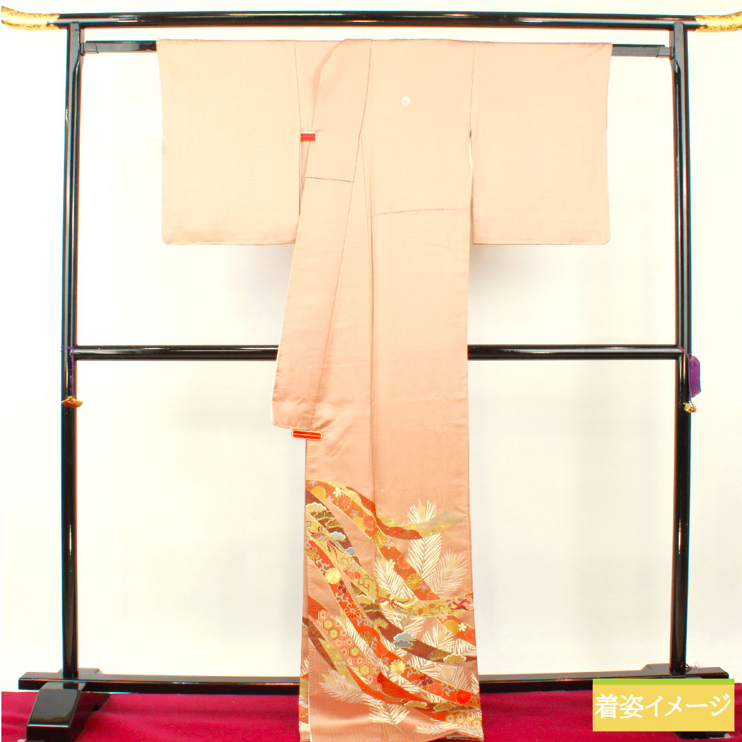 色留袖 正絹 身丈174cm 裄丈67cm 袷 鴇浅葱色（ときあさぎいろ） 京友禅 比翼仕立て 吉祥文様 五つ紋 下り藤 Sランク 茶系 1111001412614