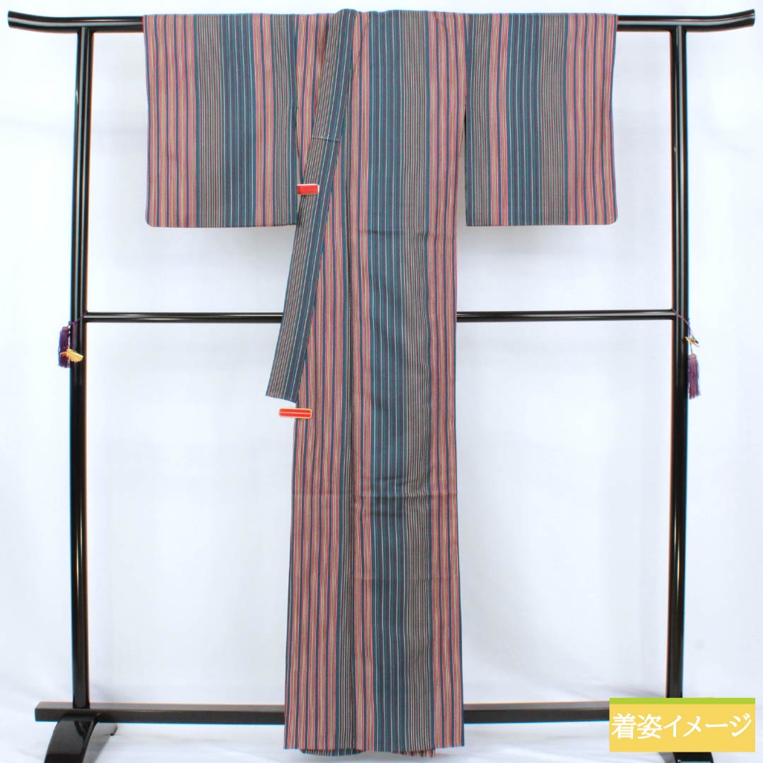 Small-pattern kimono, polyester, S rank, length 162cm, sleeve-to-sleeve 65.5cm, unlined, Berlin blue, stencil-dyed, striped, washable kimono, navy系, 1115007822418