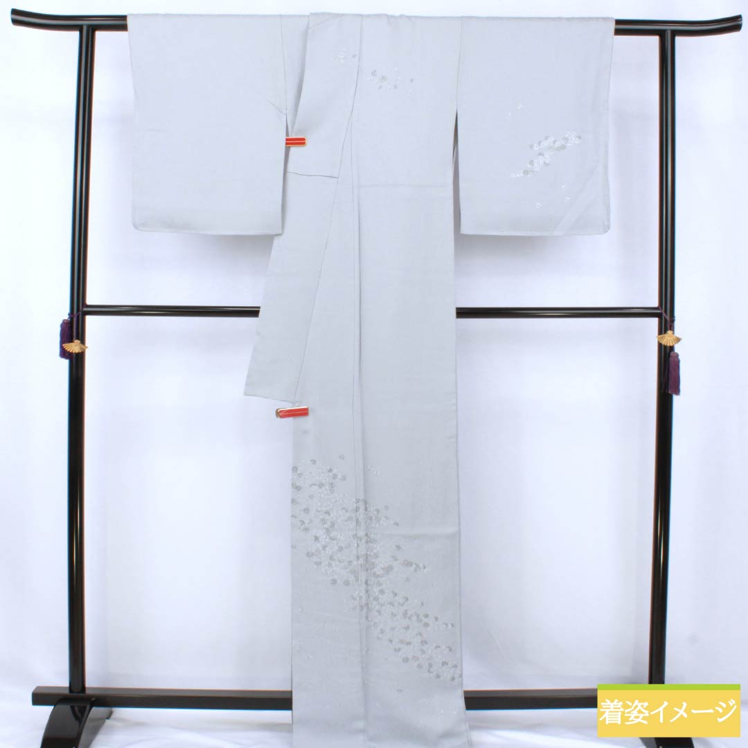 訪問着 正絹 Bランク 袷 身丈168cm 裄丈62cm 白銅色（はくどういろ） 蘇州刺繡 草花 流水 しつけ糸付き グレー系 1112007524522