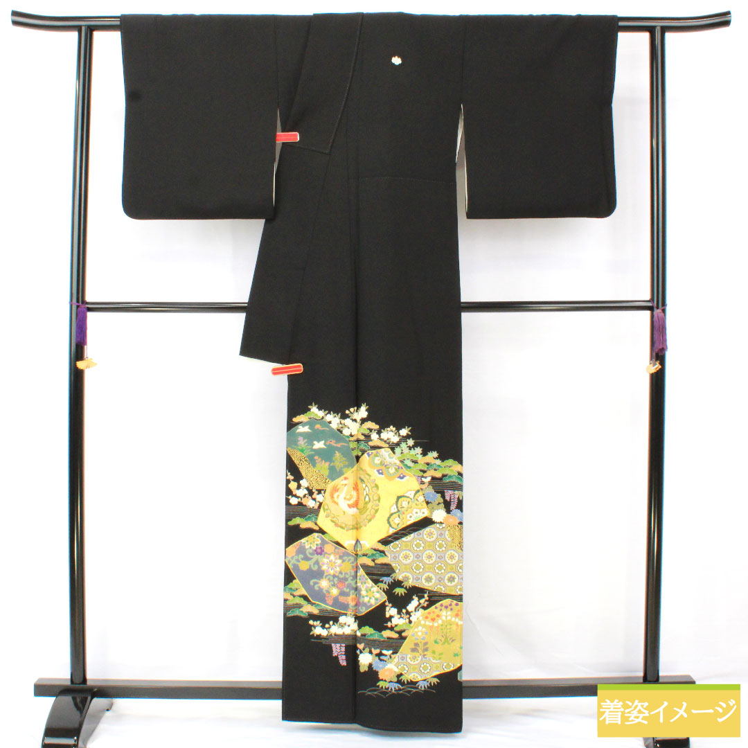 黒留袖 正絹 身丈162cm 裄丈68cm 袷 京友禅 割付文様 鳳凰 五つ紋 五三桐 Aランク 黒系 1111001733410
