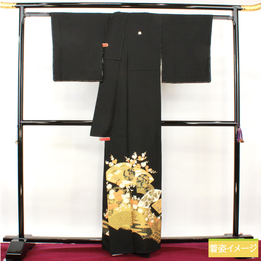 Black formal kimono, pure silk, length 161cm, sleeve length 67cm, lined, Kyoto Yuzen, auspicious pattern, five crests, S rank, five crests, black, 1111001272410