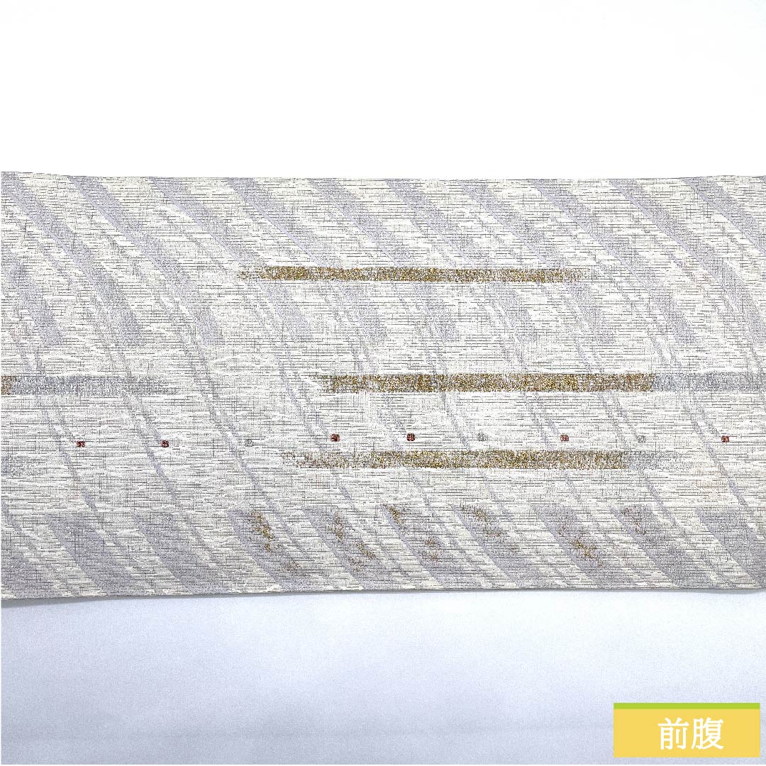 袋帯 正絹 胡粉色（ごふんいろ） 幾何学模様 縞 ドット 帯丈444cm Sランク 六通 カジュアル 白系 1123010912311
