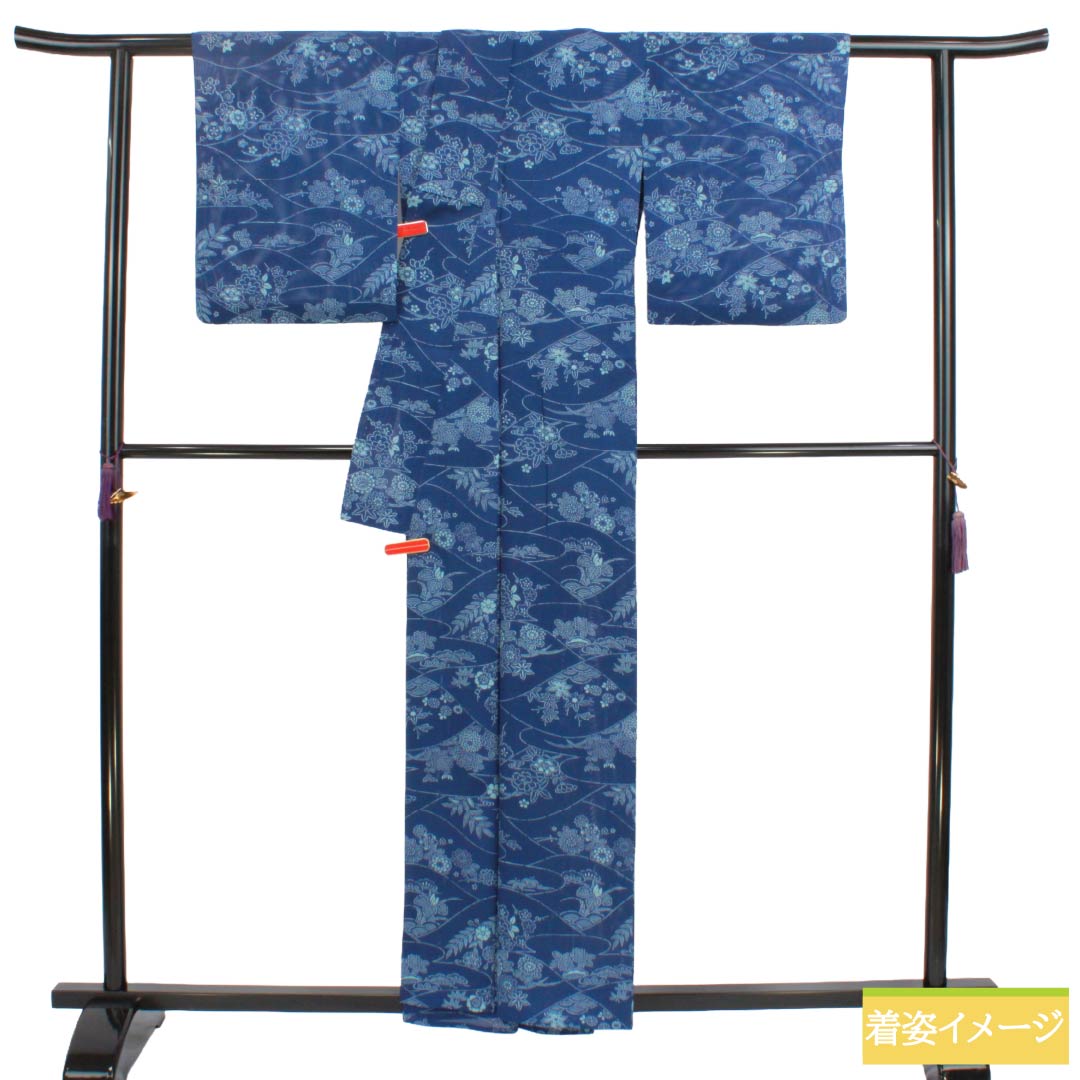 夏物 正絹 小紋 Aランク 身丈156.5cm 裄丈62.5cm 瑠璃色（るりいろ） 型染 吉祥文様 スコッチガード加工 絽 青系 1132004683317