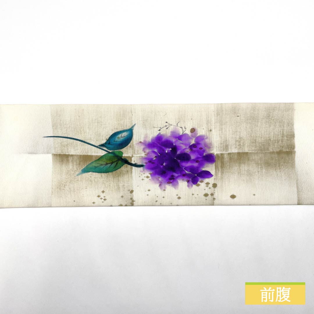 Nagoya obi, off-white (kinari-iro), dyed obi, artist's work, hydrangea, obi length 345cm, pure silk, A rank, point pattern, casual, cream color, 1124007003315, Nagoya tailoring