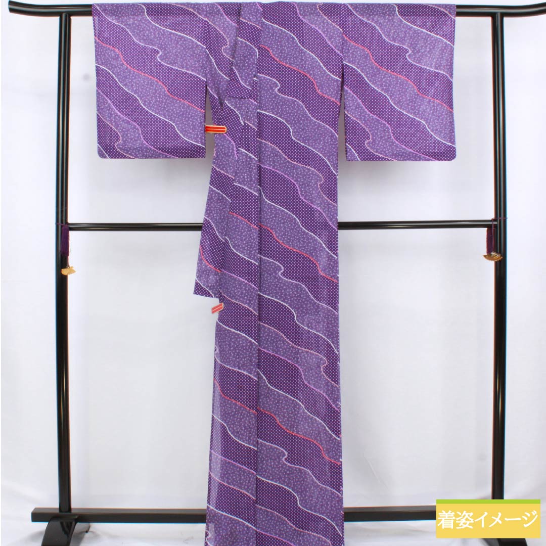 Summer kimono, polyester, Komon, Length 167.5cm, Sleeve Length 68.5cm, Purple (Murasakiiro), Small Floral Pattern, Michinaga Pattern, Washable, Ro, S Rank, Purple, Item Number 1132002522520