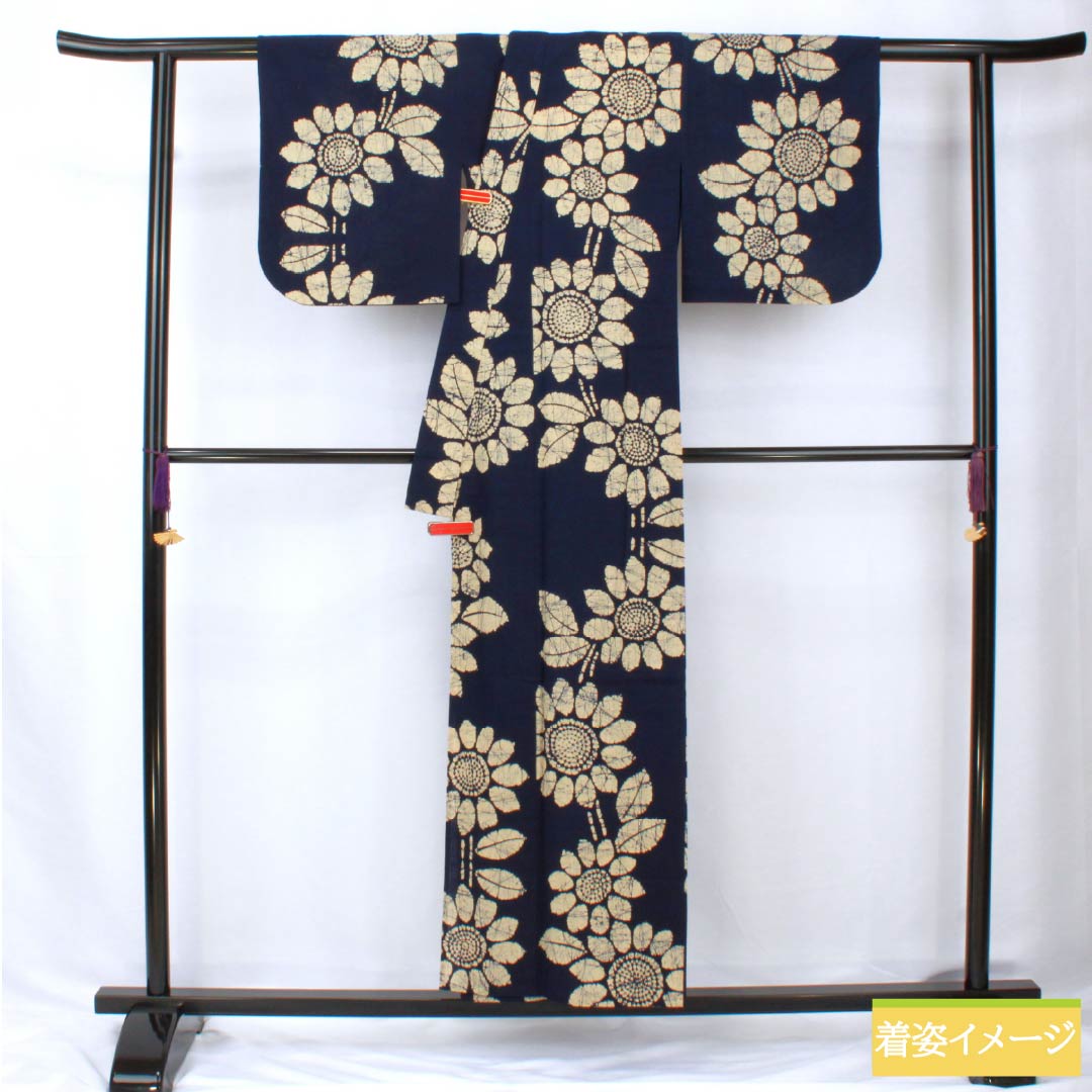 浴衣 木綿 身丈154cm 裄丈62.5cm Bランク 単衣 紺系 濃紺色（のうこんいろ） 向日葵 1118005844218