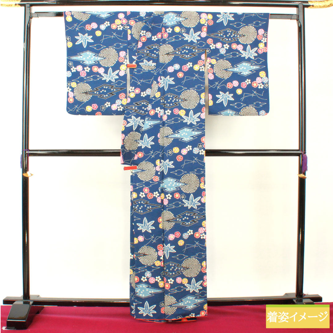 小紋 正絹 身丈162cm 裄丈65cm 袷 鉄葡萄色（てつぶどういろ） 京紅型 吉祥文様 Aランク 紺系 1115004453418