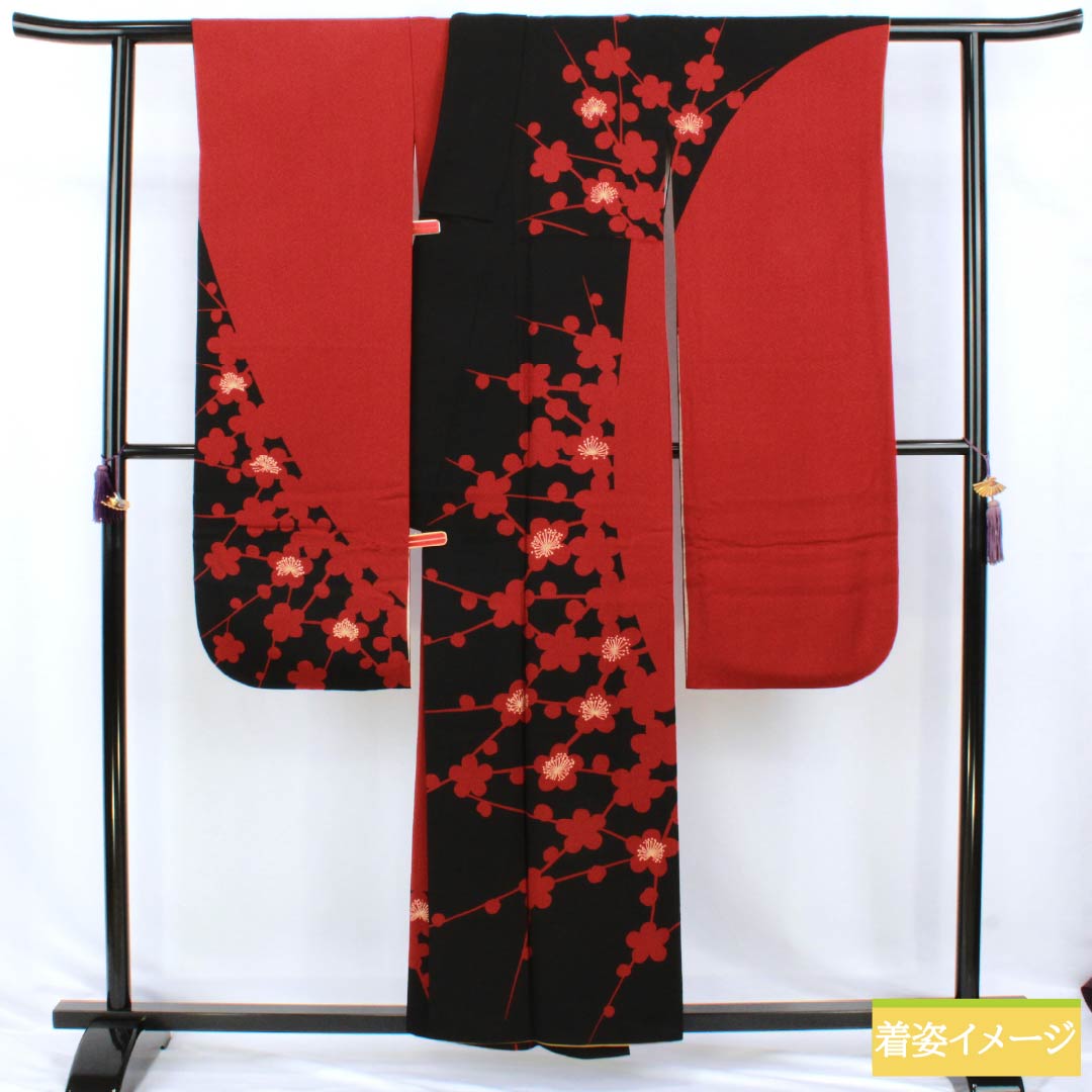 Furisode Silk A Rank Length 156.5cm Sleeve length 64cm Lined Sho-enji-iro (Deep Carmine) Kyo-Yuzen Stencil Dyed Plum Modern Sawaya Guard Red 1113002943312
