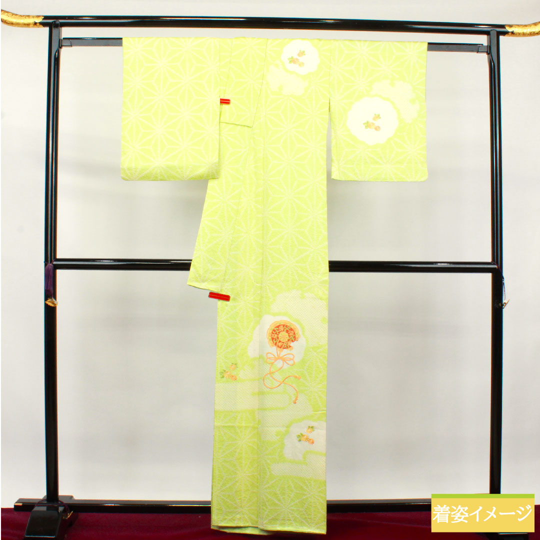 訪問着 正絹 袷 身丈162.5cm 裄丈62cm 若芽色 刺繡 絞り 麻の葉 Aランク 緑系 1112003433419