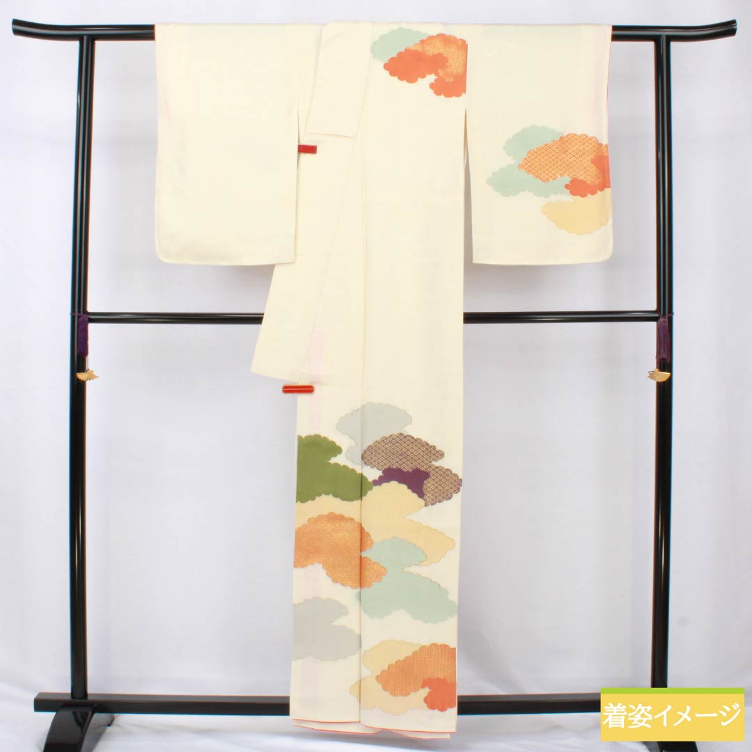 訪問着 正絹 Aランク 袷 身丈157.5cm 裄丈62cm 乳白色（にゅうはくしょく） 京友禅 雲取り しつけ糸付き 白系 1112006563311