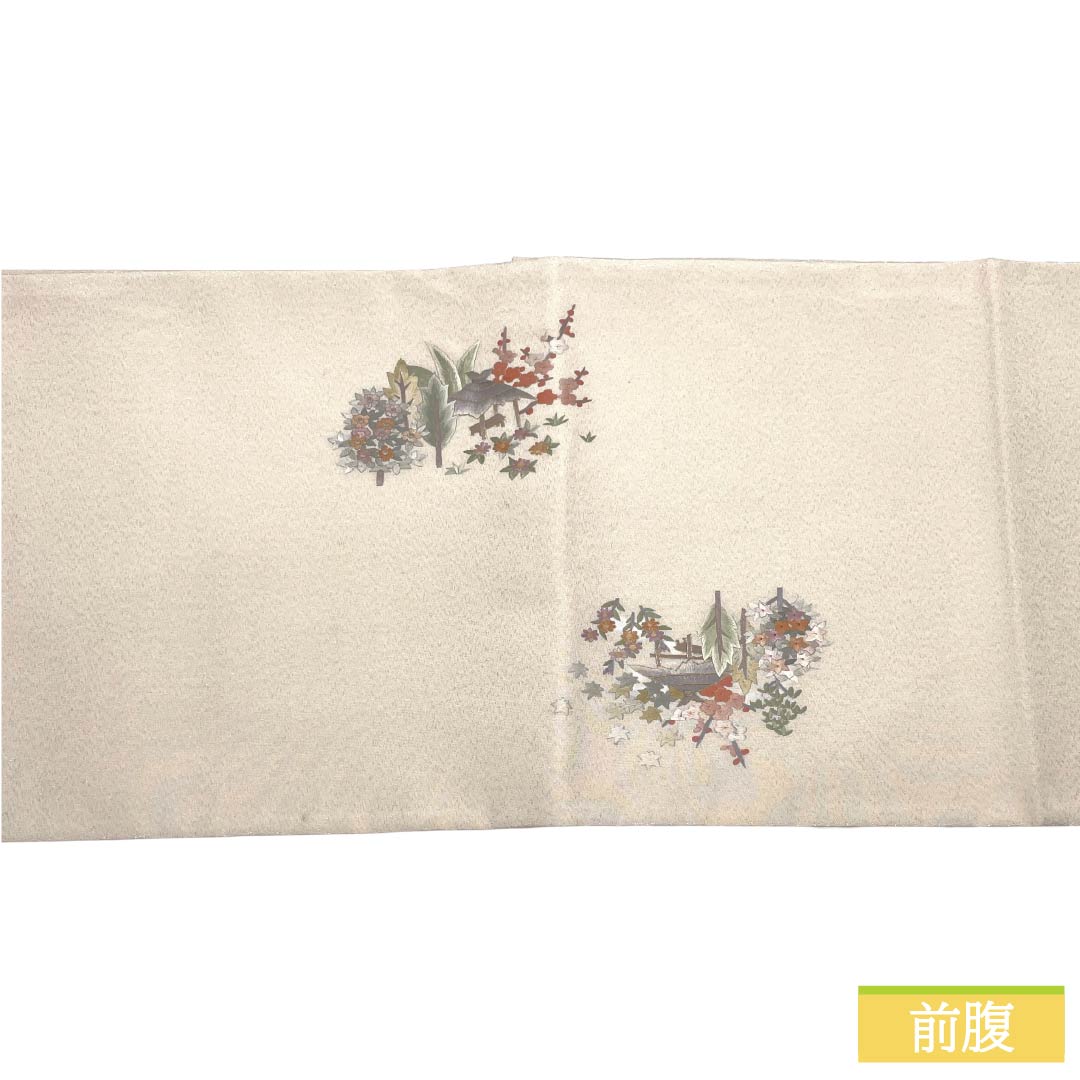 袋帯 正絹 Aランク 生成り色（きなりいろ） 蘇州刺繡 綴れ地 風景模様 銀糸 帯丈468cm ポイント柄 セミフォーマル 白系 1123017533411
