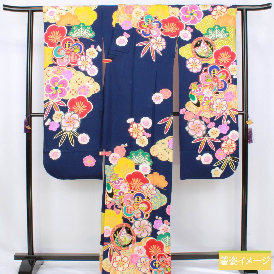 振袖 正絹 Sランク 身丈174.5cm 裄丈67.5cm 袷 紺色（こんいろ） 京友禅 吉祥文様 松竹梅 菊 蝶 紺系 1113002592618