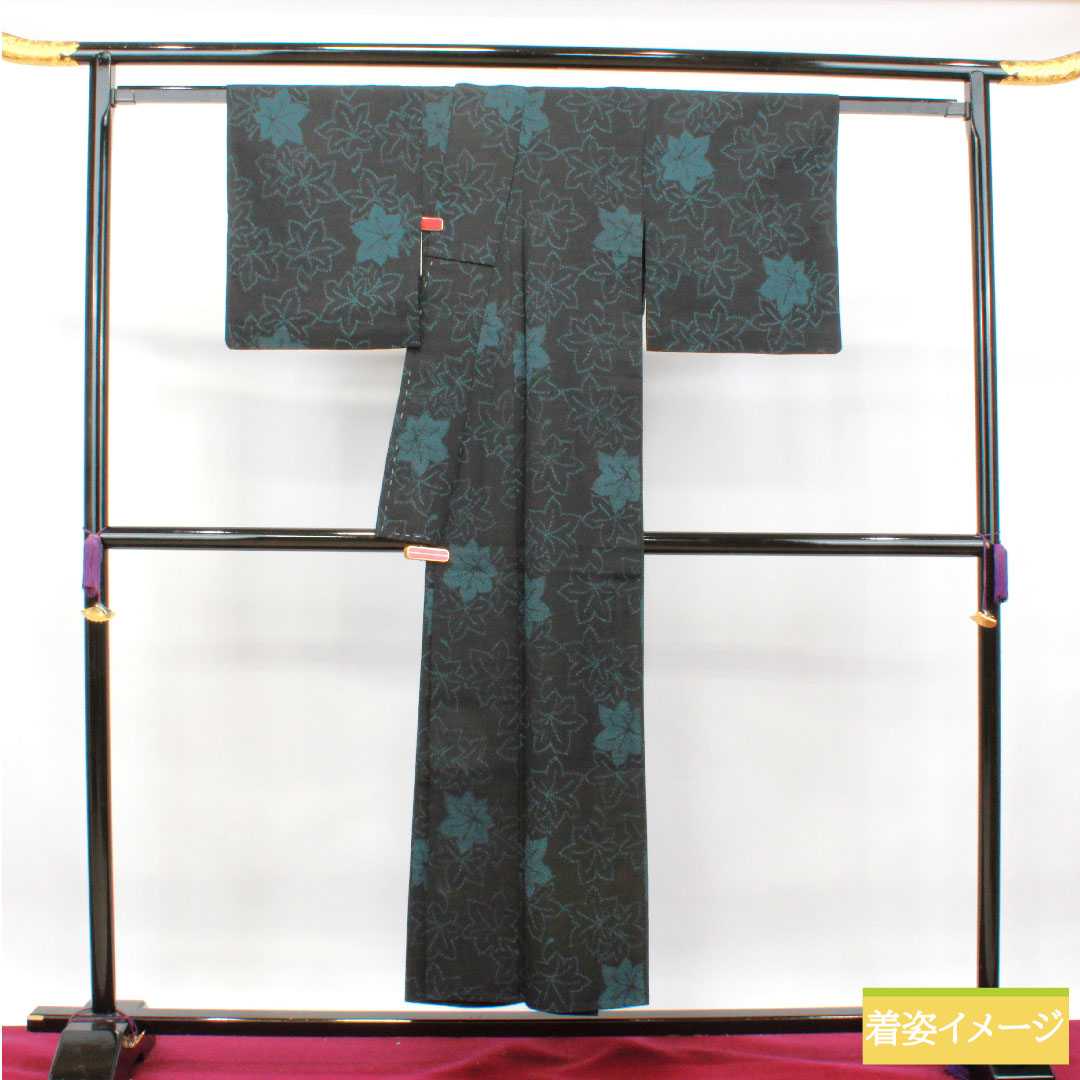 紬 正絹 身丈151.5cm 裄丈62cm  紅葉 Aランク 単衣 黒系 1116003153210