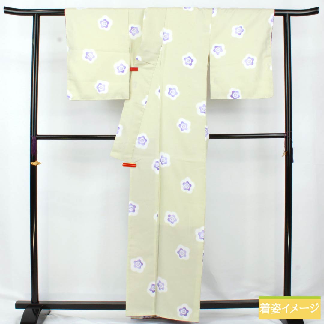 Komon (small pattern) kimono, polyester, rank A, length 165cm, sleeve length 66cm, lined, sulfur-colored (iou-iro) floral pattern, with basting thread, washable, green, 1115007023519