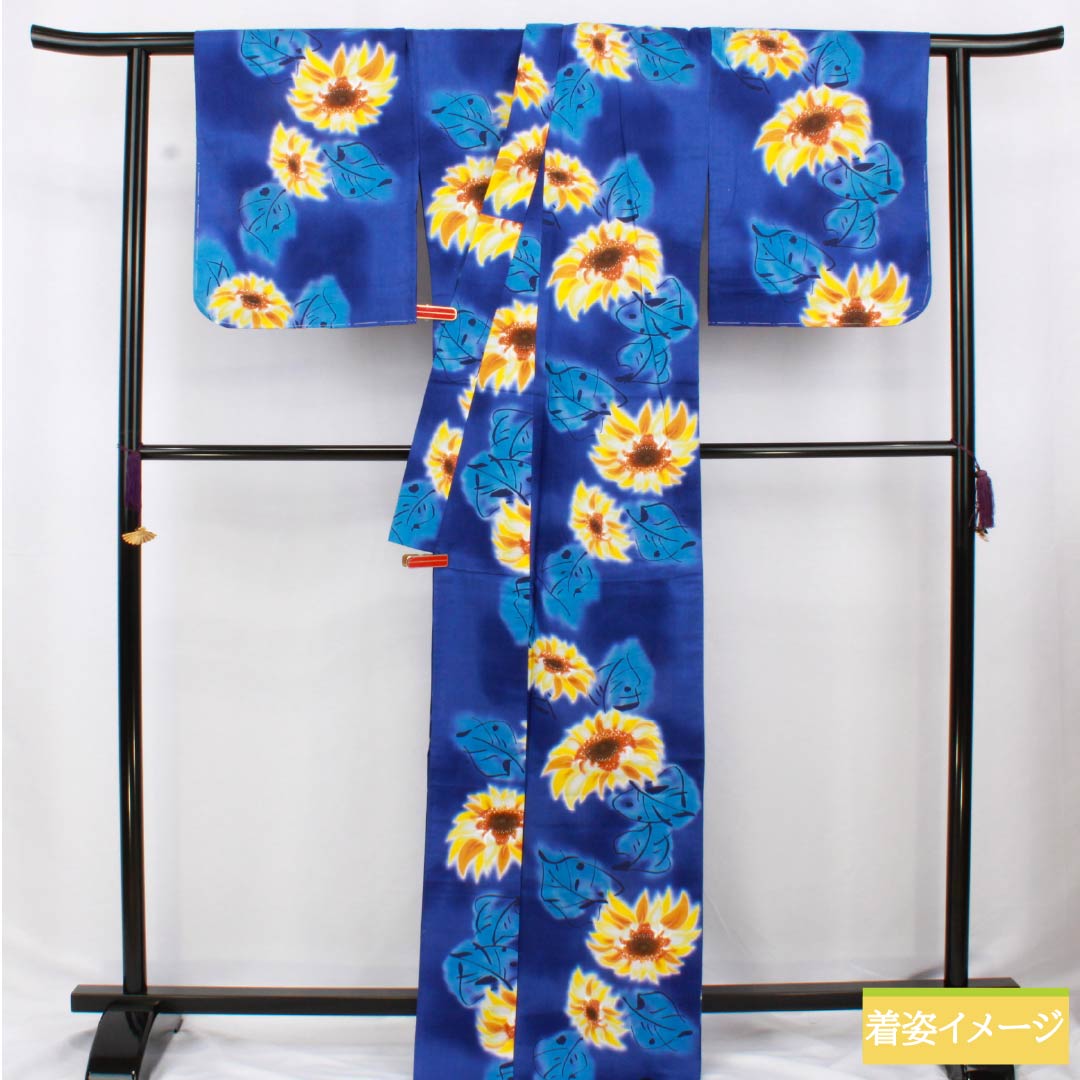 Cotton Yukata, Length 169cm, Sleeve Length 69cm, S Rank, Single Layer, Blue, Kikyo-iro (Kikyou-iro) with Sunflower Design, 1118006492517