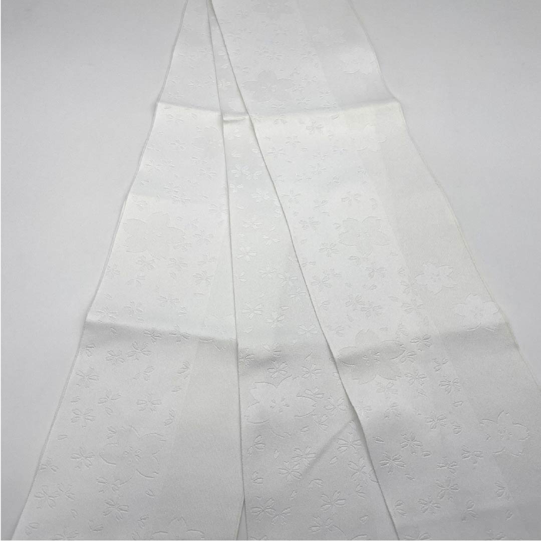 Half-width obi, polyester, obi length 348cm, white, cherry blossom, small cherry blossom, floral pattern, white, S rank, 1125001432311