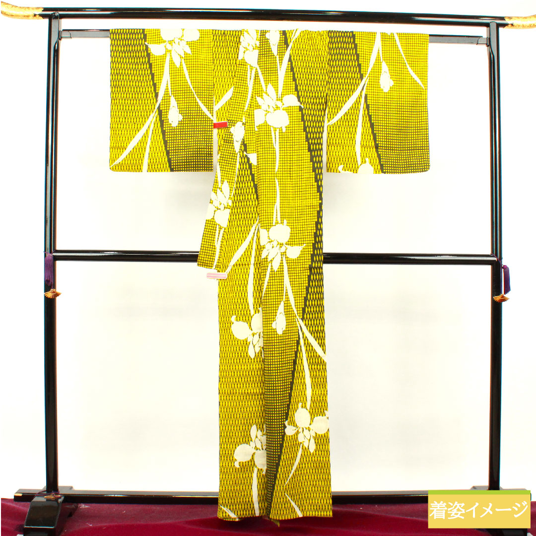 Yukata Cotton Length 160cm Sleeve length 67cm S rank Single layer Yellowish-colored Hiwairo Iris Geometric pattern 1118004792423