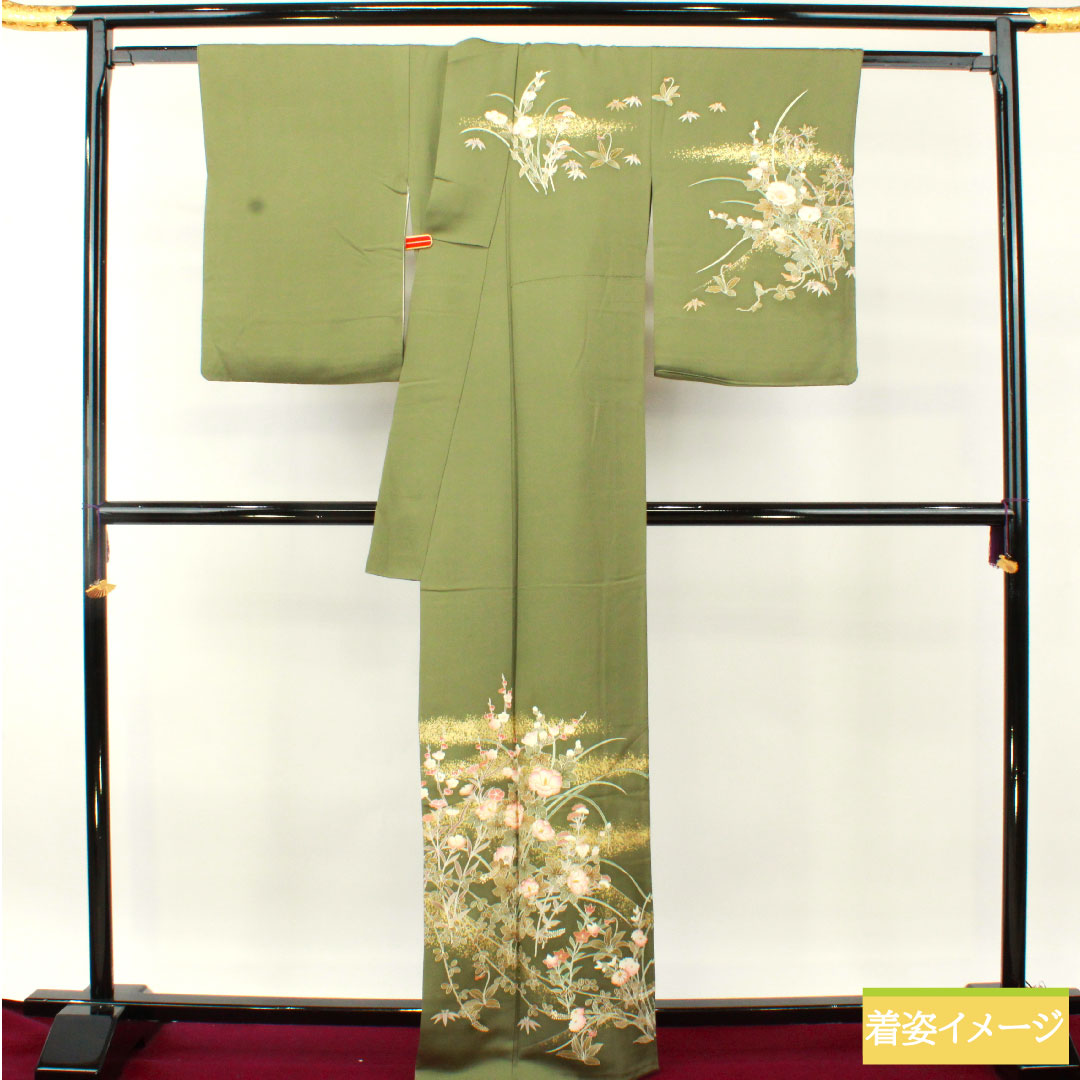 訪問着 正絹 袷 身丈164.5cm 裄丈65.5cm 山鳩色（やまばといろ） 京友禅 草花模様 Sランク 緑系 1112004722419