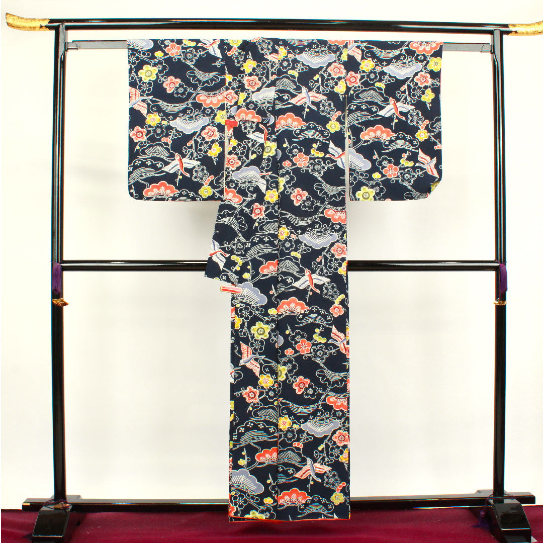 Komon Length 158cm Sleeve length 63.5cm Awase Dark blue Kyo-Bengata Pine Plum Pure silk A rank Navy 1115003433318