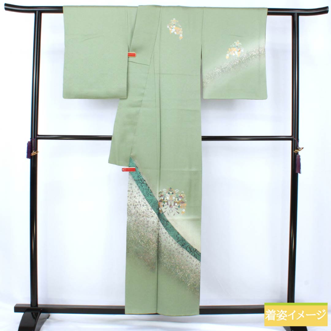 Visiting Kimono, Pure Silk, Grade A, Lined, Length 155cm, Sleeve Length 58.5cm, Back Leaf Color (Ura-iro), Mother-of-Pearl Inlay and Gold Finish, Auspicious Motifs, Tango Chirimen, Hatcho Mizu-yori, Green, Product Number: 1112007423319