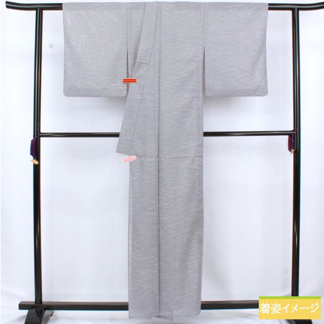夏物 ポリエステル 小紋 身丈159cm 裄丈65cm 水銀色（すいぎんいろ） 松葉 洗える着物 絽 Sランク グレー系 1132002652322