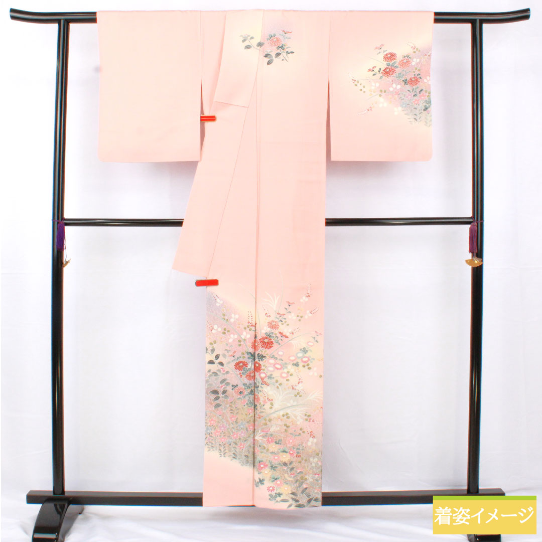 Homongi, pure silk, lined, length 156cm, sleeve length 61.5cm, Shinonome color, floral pattern, S rank, pink, 1112005732313