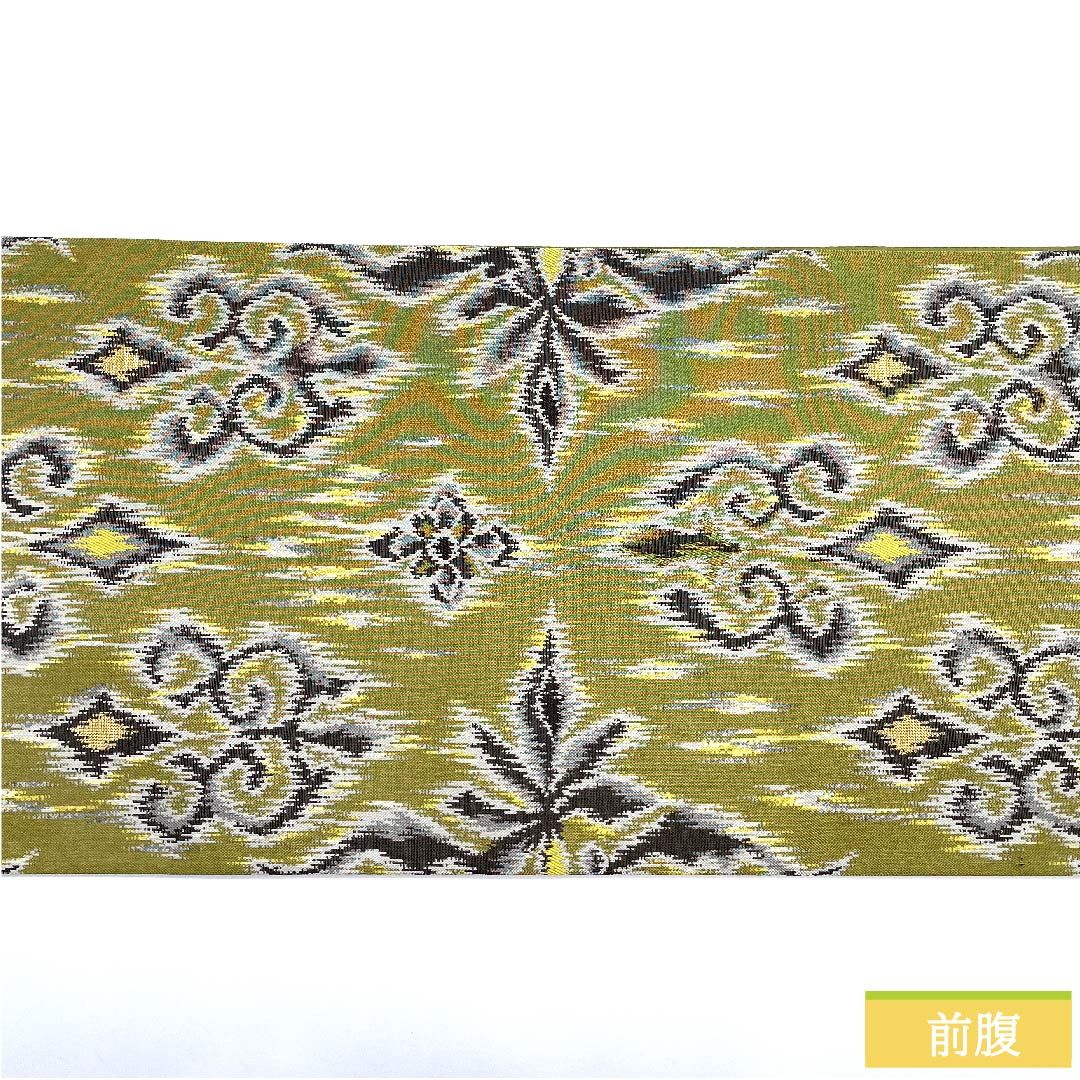 Fukuro Obi, pure silk, national defense color, by Ori Kobo Kanae, ikat floral pattern, geometric pattern, obi length 441cm, S rank, full length, semi-formal, green, 1123010832319