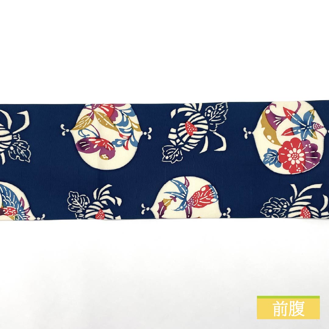 Nagoya obi, deep indigo, Kyoto Bingata, floral pattern, crane, obi length 353cm, pure silk, S rank, full length, casual, navy blue, 1124007252318, Nagoya style
