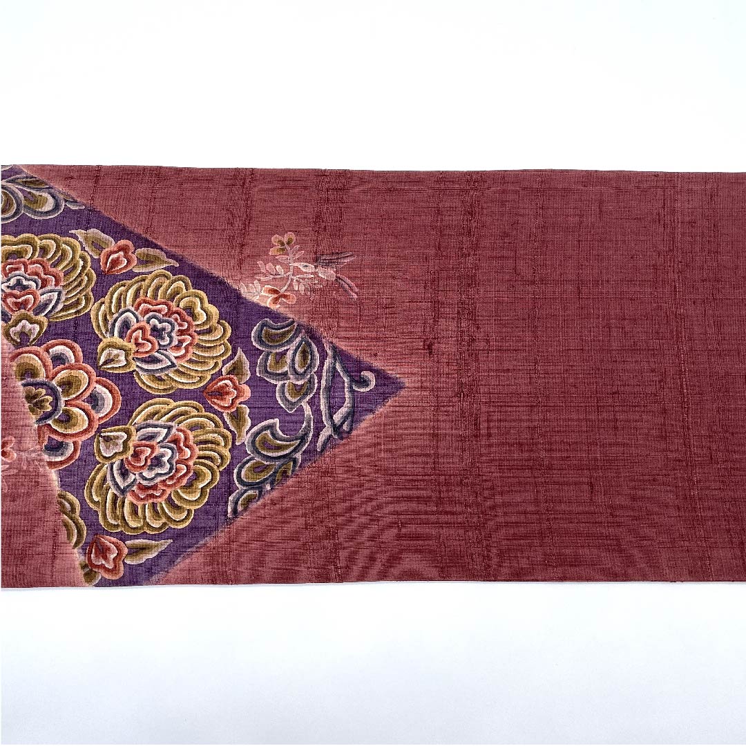 袋帯 蘇芳色（すおういろ） 紬地 唐花模様 小鳥模様 帯丈439cm 正絹 Sランク ポイント柄 カジュアル 紫系 1123009422320