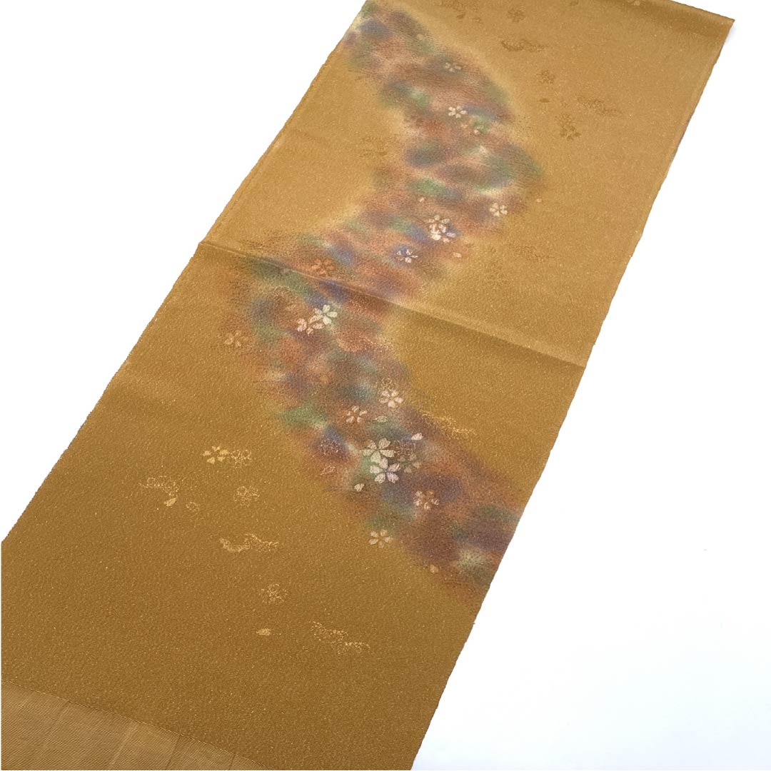 Obiage, pure silk, formal, Enshu brown, gold thread, cherry blossom, floral pattern, length 172cm, width 30cm, S rank, brown, 1136000422914